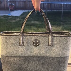 Tory Burch Gray Felt Tote with Metallic Bronze Trim